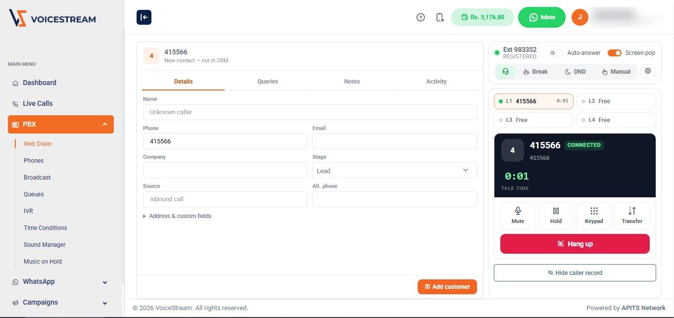 VoiceStream web softphone on a live call with the caller's CRM record popped open beside it