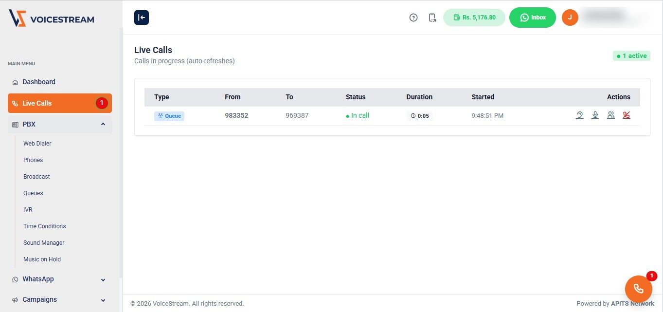 VoiceStream live calls board listing a call in progress