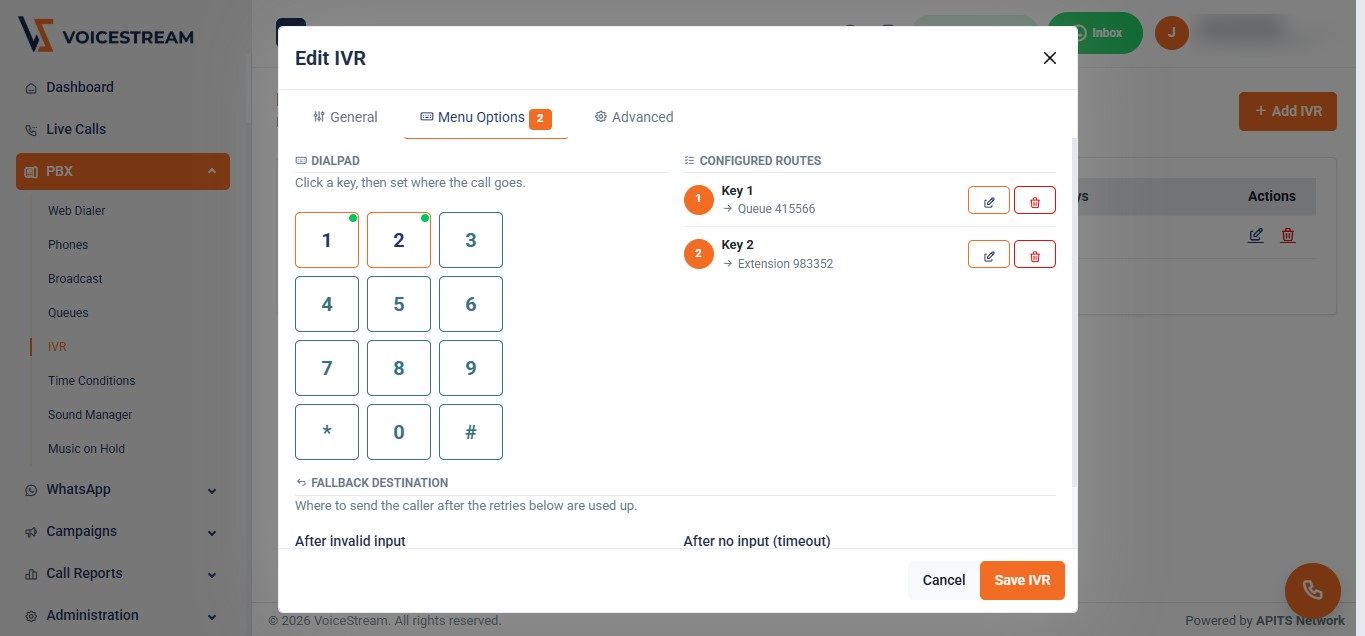 VoiceStream IVR editor with dialpad keys routed to a queue and an extension
