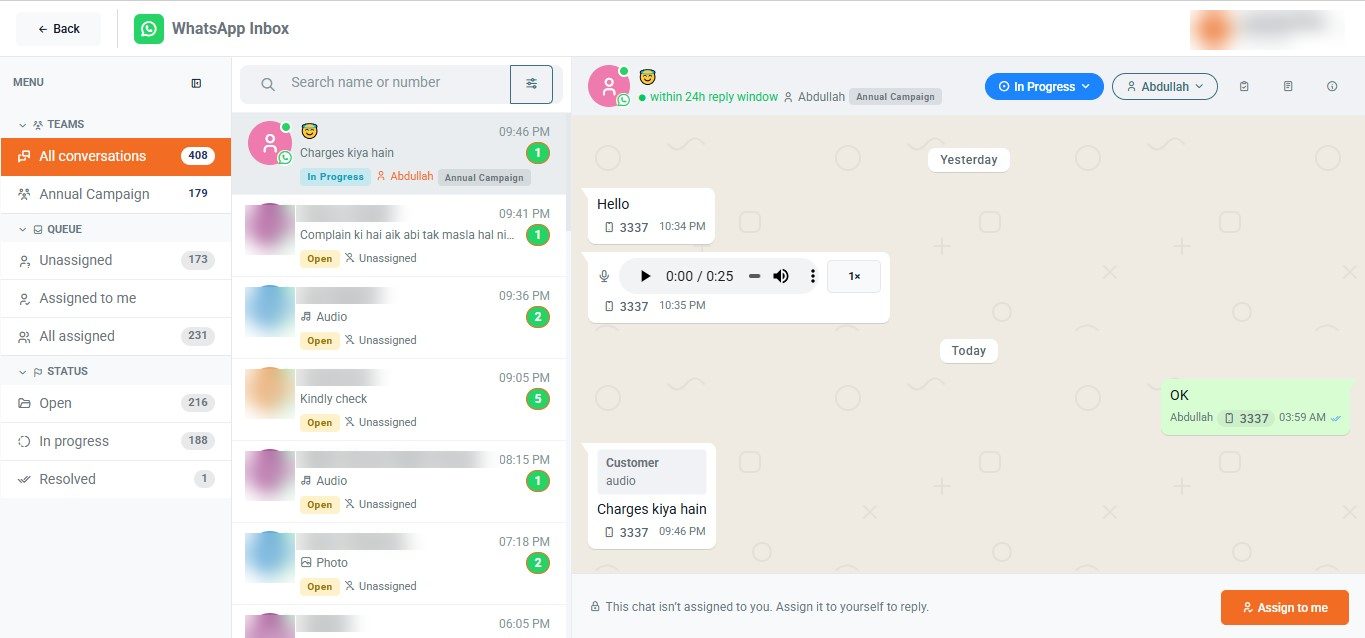 VoiceStream shared WhatsApp team inbox with queues, assignment and an open conversation