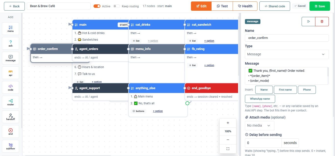 VoiceStream visual WhatsApp chatbot builder showing a café ordering flow