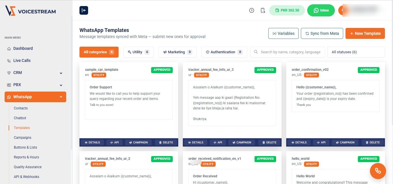 VoiceStream WhatsApp template library synced from Meta with campaign and API actions