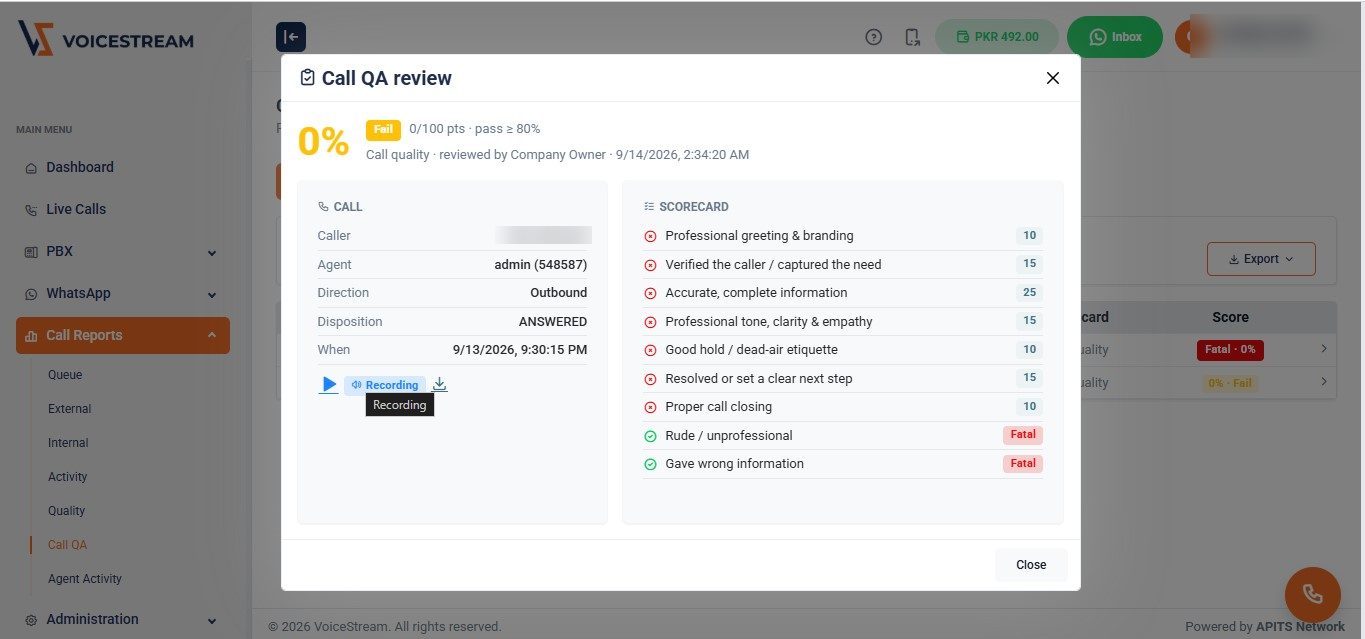 VoiceStream call QA review with a weighted scorecard and the recording inline