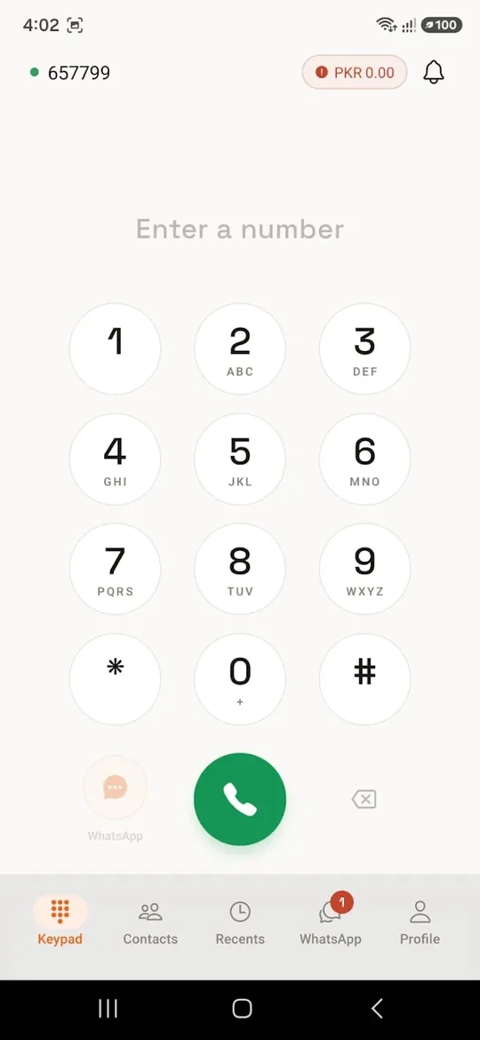 VoiceStream Android app dialpad showing the user extension and wallet balance